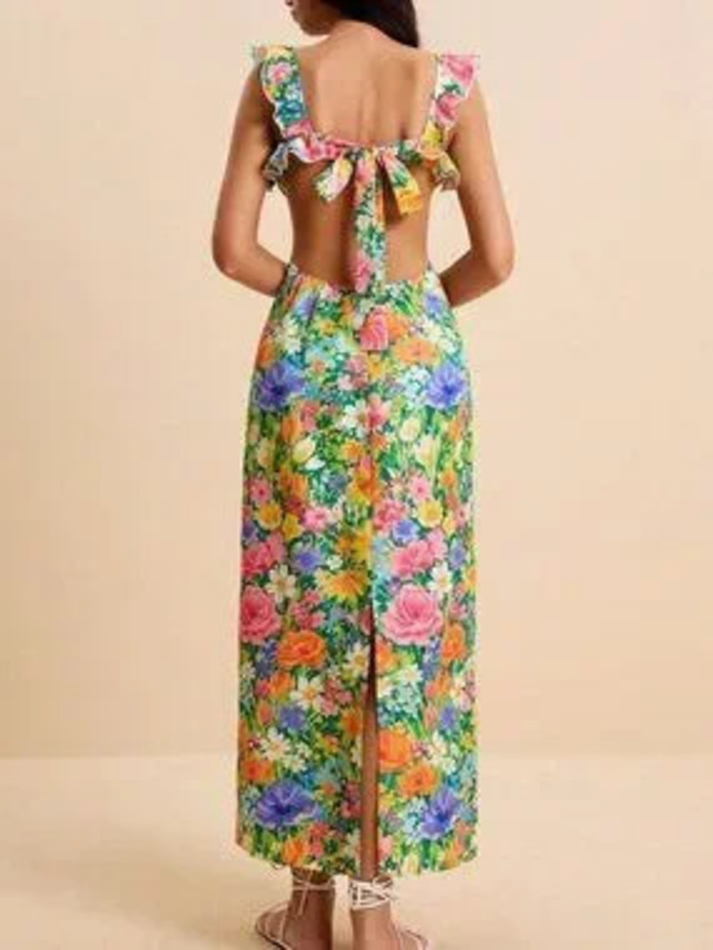 Multicolor Elegant Women's Floral Print Ruffle Detail Backless Tie Maxi Dress